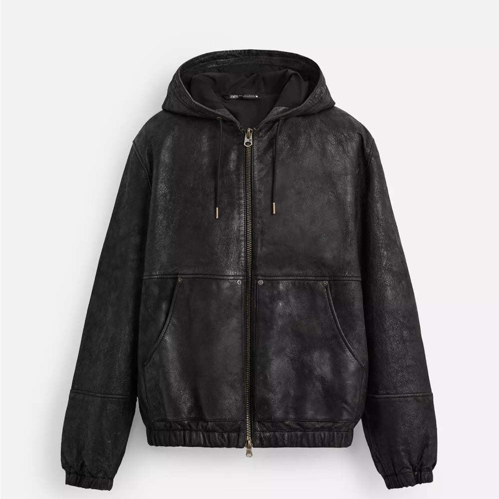 Zara Black Leather Hooded Jacket